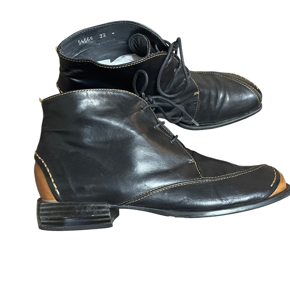 Enrica Lossi Leather Lace Up Ankle Boots Women's Square Toe‎ Black Size 39